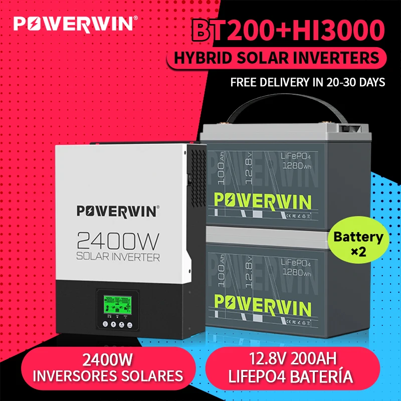 

POWERWIN BT100 LifePO4 12V 100Ah/1280Wh HI3000 2400W 24V Pure Sine Wave Hybrid Solar 80A MPPT Off-grid LCD 12V Battery