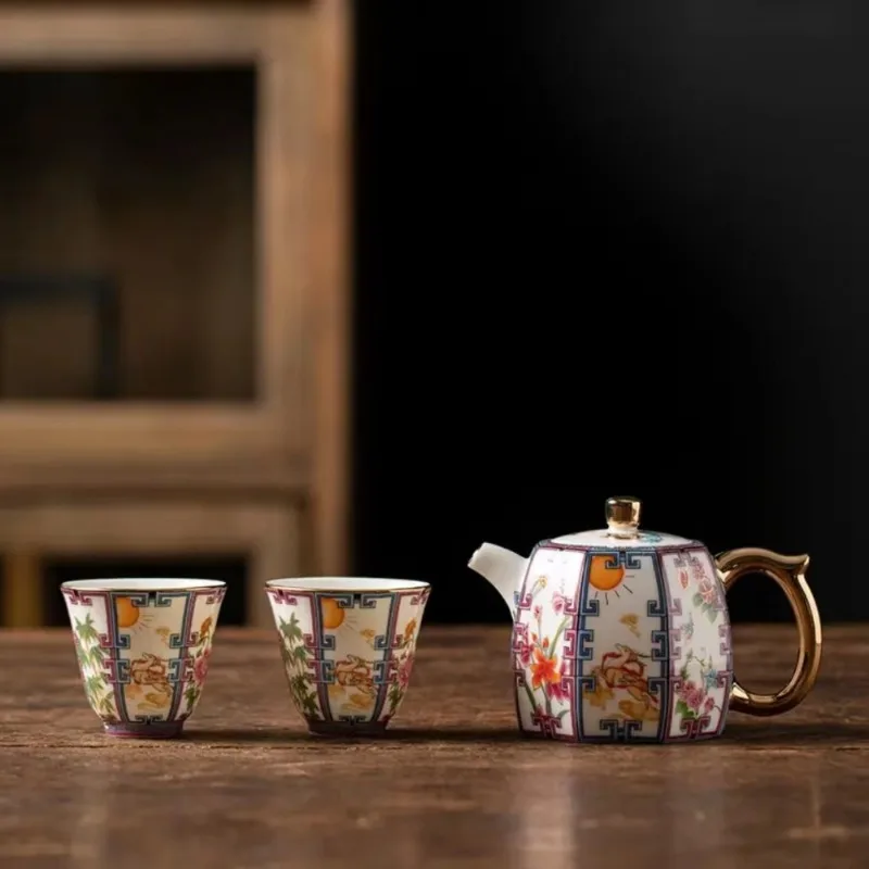 Chinese Ceramic Eight Sided Gathering Wealth Teapot Enamel Color Afternoon Teapot Kung Fu Teapot Tea Ceremony Tea Cup Gift Set