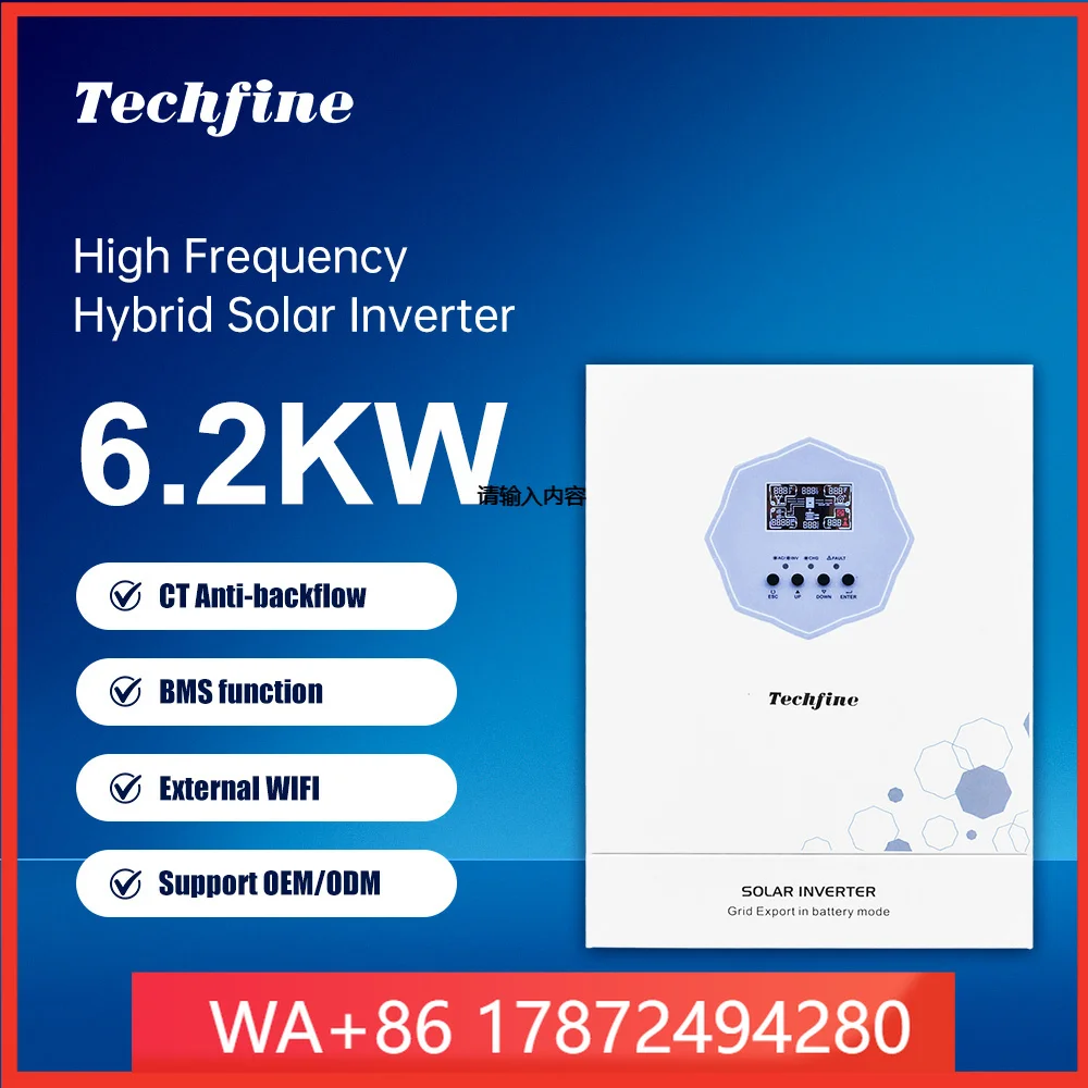 Techfine 48V 6.2KW Hybrid Solar Inverter 6000W 220/230/240VAC Pure Sine Wave Single Phase Output High Frequency Solar Inverter