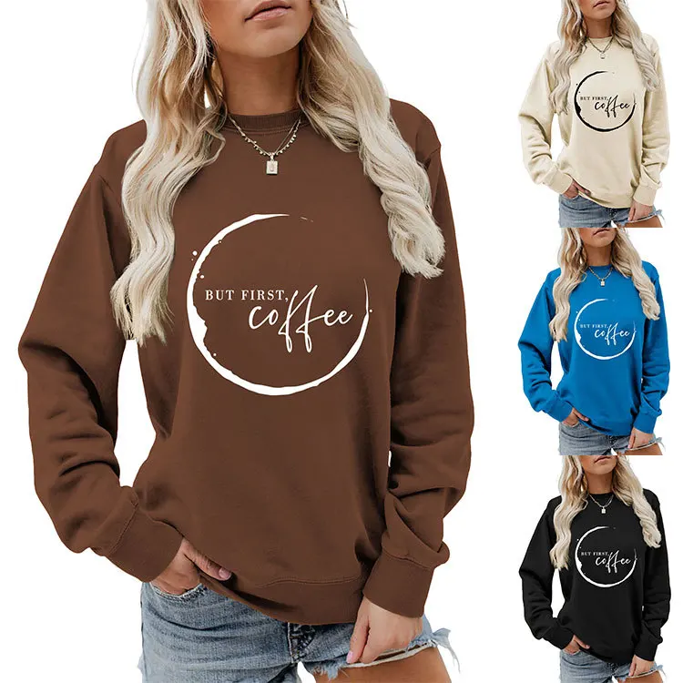 Autumn women's hoodie but first coffee printed top fashion loose pullover round neck long sleeve hoodie with simple hoodie