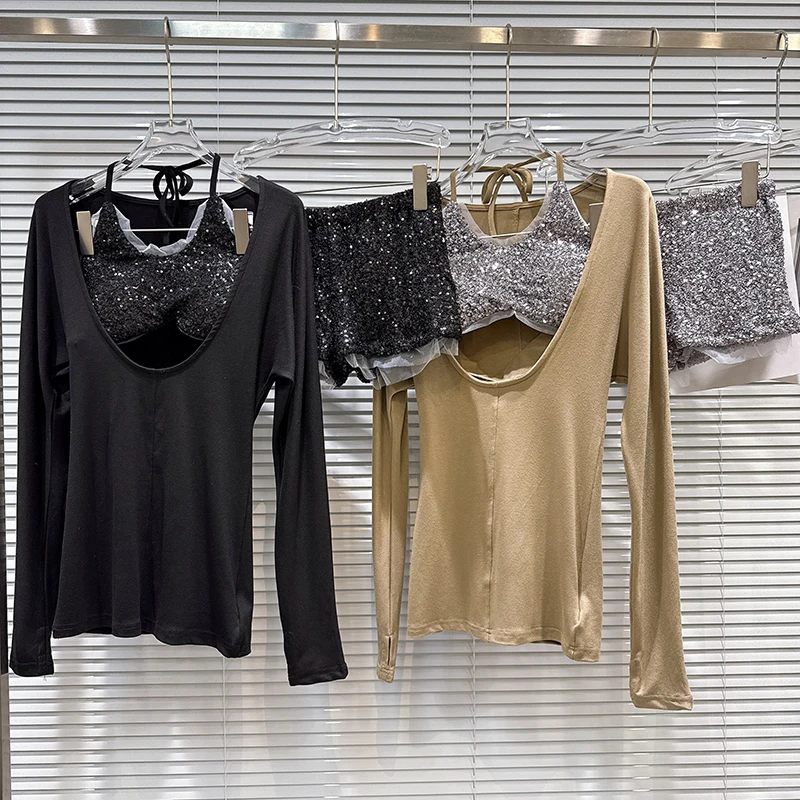 

2026 Spring New Fashionable Spicy Girl Three Piece Set Bead Hanging Neck Tank Top+V-neck Solid Color T-shirt+Slimming Shorts