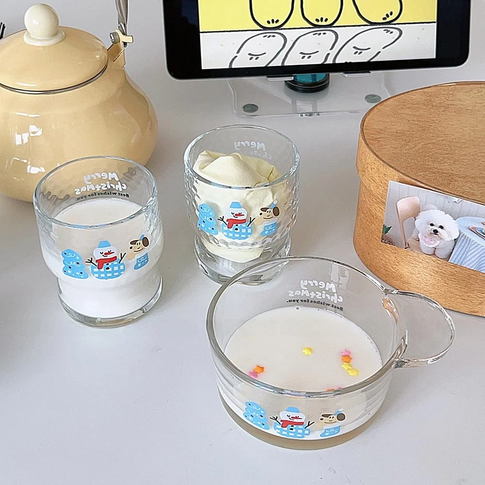 

Healing Winter Snowman Dog Glass Cup Single Handle Bowl Milk Oats Salad Glass Dining Utensils Cartoon Print High Borosilie...