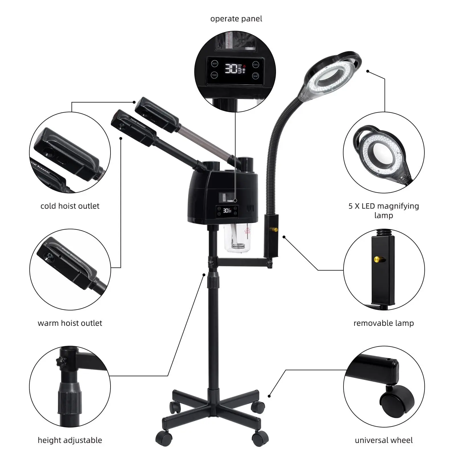 3-in-1-Gesichtsdampfer, Touchscreen-Version, Doppelröhre mit LED-Kaltlichtlupe
