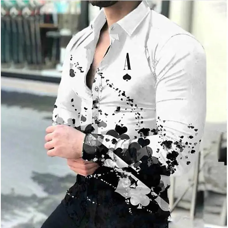 Men Poker Ace Spade Gradient Print Long Sleeve Shirt Lapel Collar Button‑Up Polyester Party Blouse