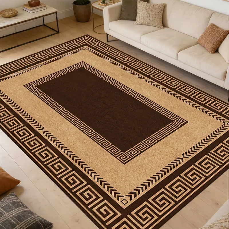 Luxury Brown Greek Key Border Area Rug Classic Retro Geometric Print Soft Elegant Carpet For Living Room Hallway Indoor Rug