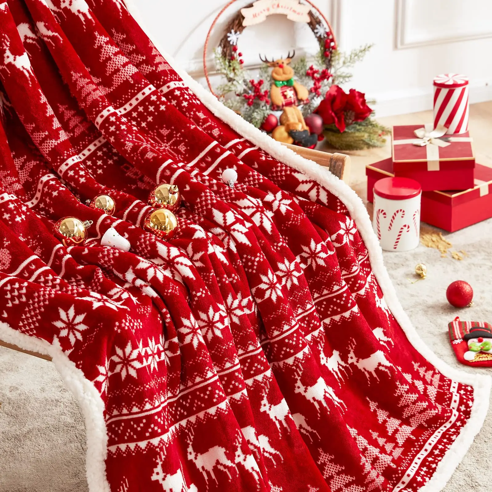 

Christmas Reindeer Throw Blanket Double Layer Thicken Fluffy Soft,Warm,Fleece Flannel Santa Claus Snowman Blanket Home Gift