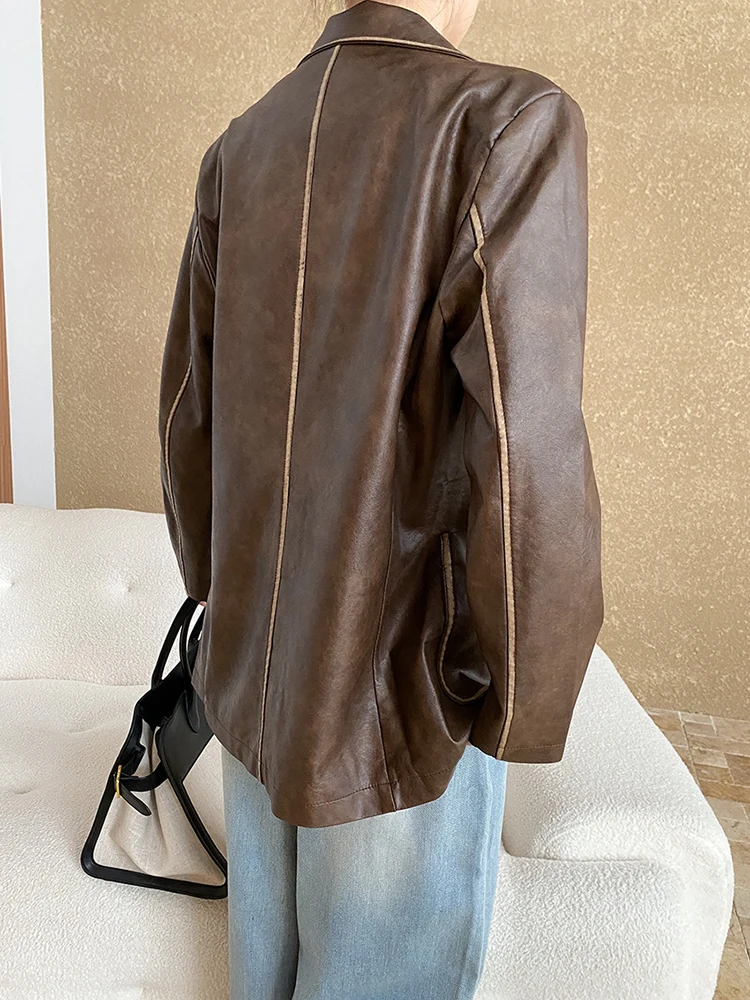 [LANMREM] Vintage Leather For Women Notched Single Breasted Office Lady Loose Jackets Fashion Coat 2024 Autumn New 26C636