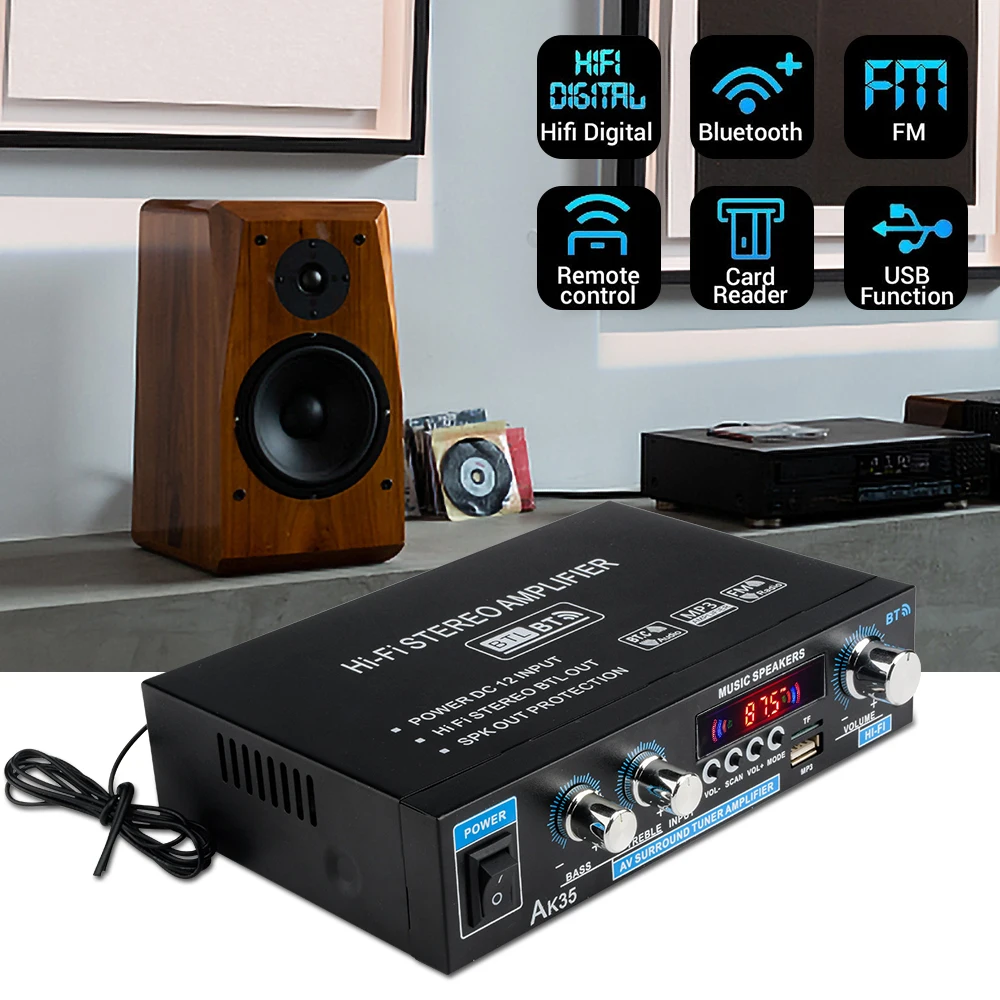 New AK45 12V 90V-240V Bluetooth Amplifier USB HiFi Stereo Digital Car Audio with Remote Control USB FM Car Home Theater System
