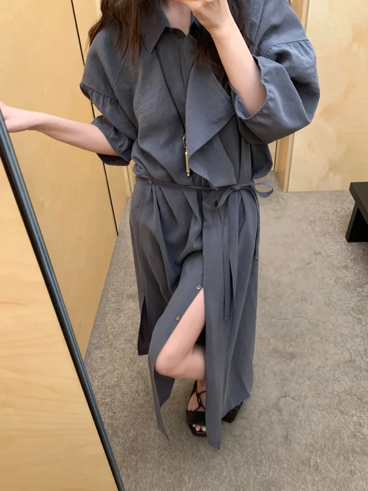 Vestido Csero Hoado con Cinturón, Abertura Lateral, Cintura Alta, Estilo Línea A, Verano, Casual, Manga Larga, Cuello Po...