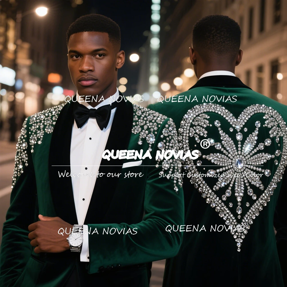 

Luxury Beaded Stones Suit Men For Wedding Customized 2 Pieces costumes hommes Shawl Lapel Groom Blazers Outfits Wedding Tuxedos