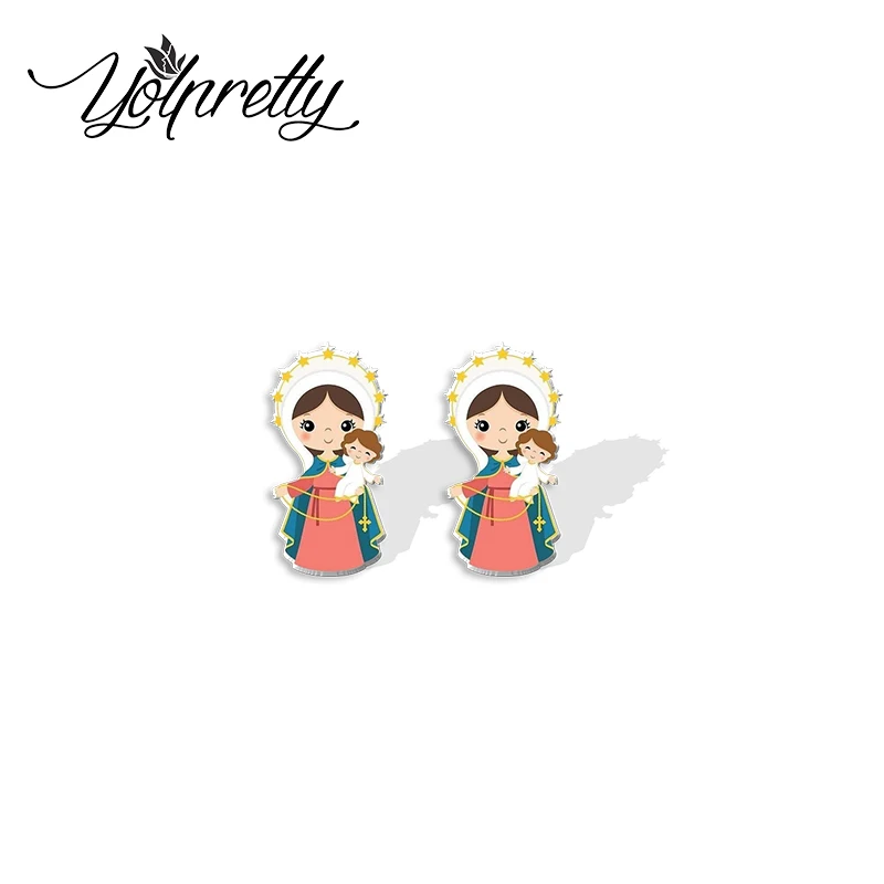 2023 New Arrival Fashion Holy Cartoon Virgen María Mary Virgin Epoxy Stud Earrings Handcraft Acrylic Resin Earrings