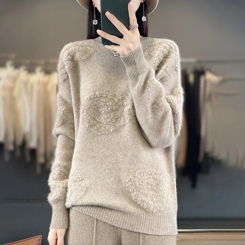 

Flowers Autumn/Winter new 100% Merino wool cashmere pullover Women's O-neck pullover warm bottom knit shirt top