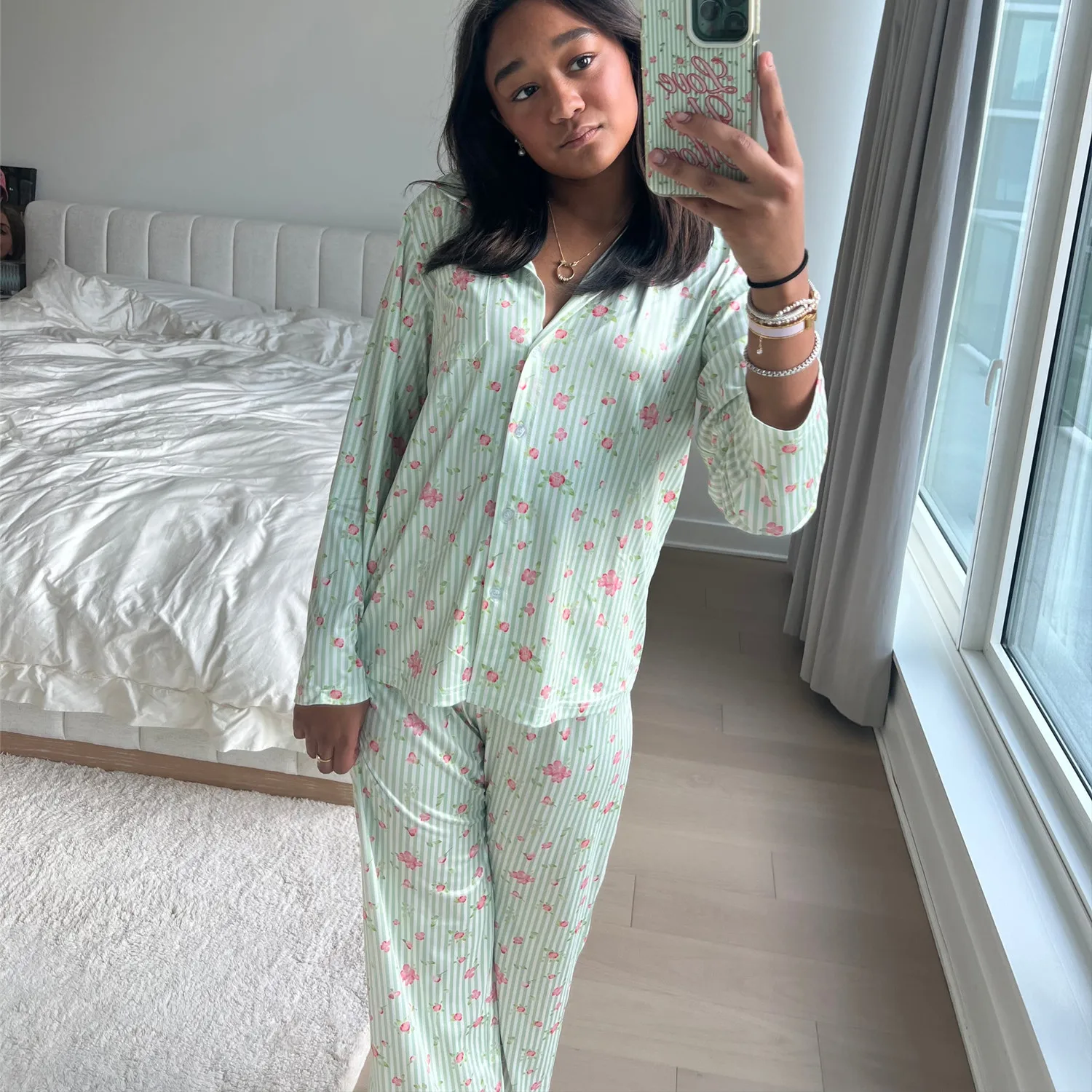 Gaono Women Pajamas Cute 2 Piece Set Y2K Vintage Print Button Up Long Sleeve Blouse T-shirt Tops+Pants Home Loungewear Sleepwear