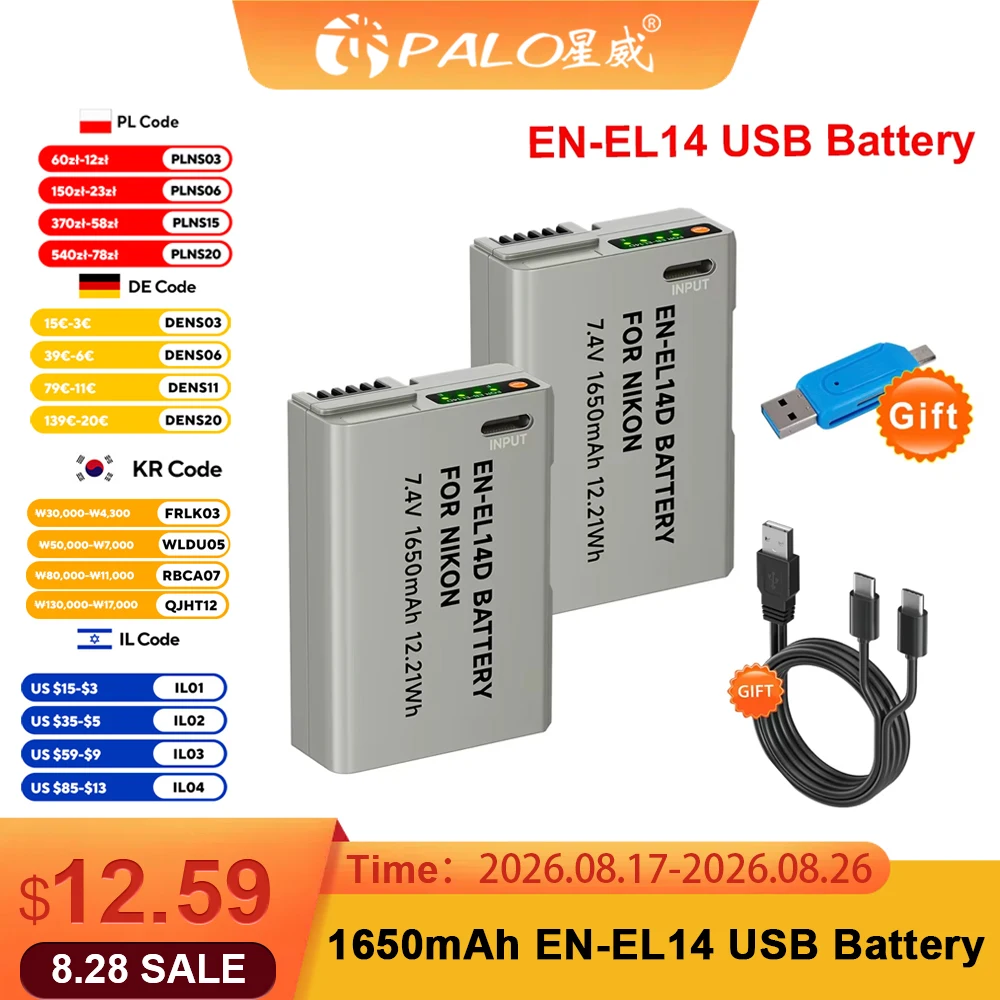PALO EN-EL14 EN-EL14a ENEL14 EN EL14 EL14a Batterie mit TYPE-C USB-Eingang für Nikon D3100 D3200 D3300 D5100 D5200 D5300 P700