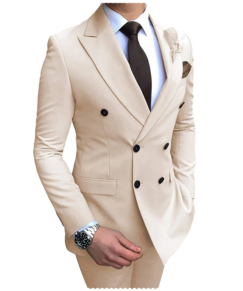 2022 Neuer beige Herrenanzug, 2-teilig, zweireihig, Reverskragen, flach, schmale Passform, lässiger Smoking für Hochzeit (Blazer + Hose)