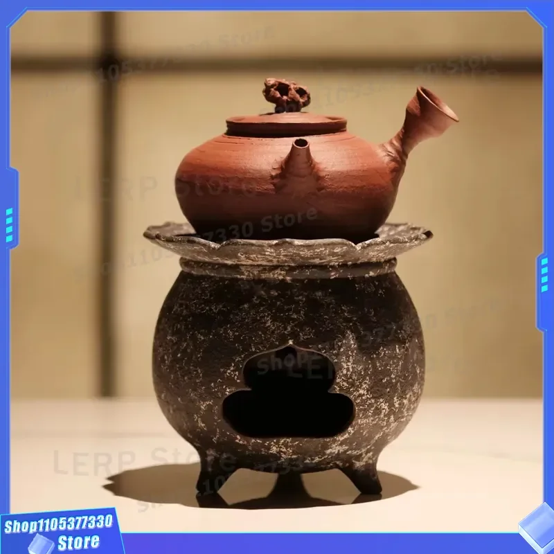 Portable Three Legged Charcoal Stove for Tea Brewing with Large Side Pot Alcohol Burner Diamond Flower Design Outdoor Camping
