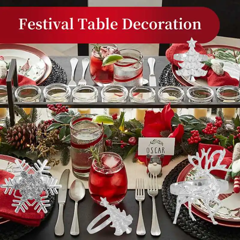 حامل مناديل عيد الميلاد، حلقة منديل شجرة عيد الميلاد على شكل ندفة الثلج من الأيائل لإعداد عشاء عطلة الشتاء وزينة عيد الميلاد