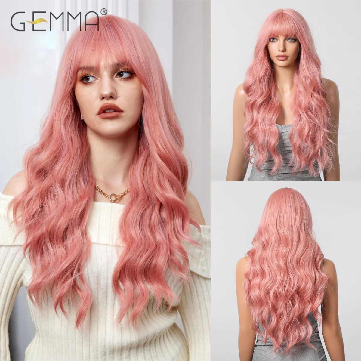 GEMMA Synthetic Long Pink Wavy Wigs with Bangs for Women Afro Water Wave Pink Lolita Wig Heat Resistant Halloween Natural Hair