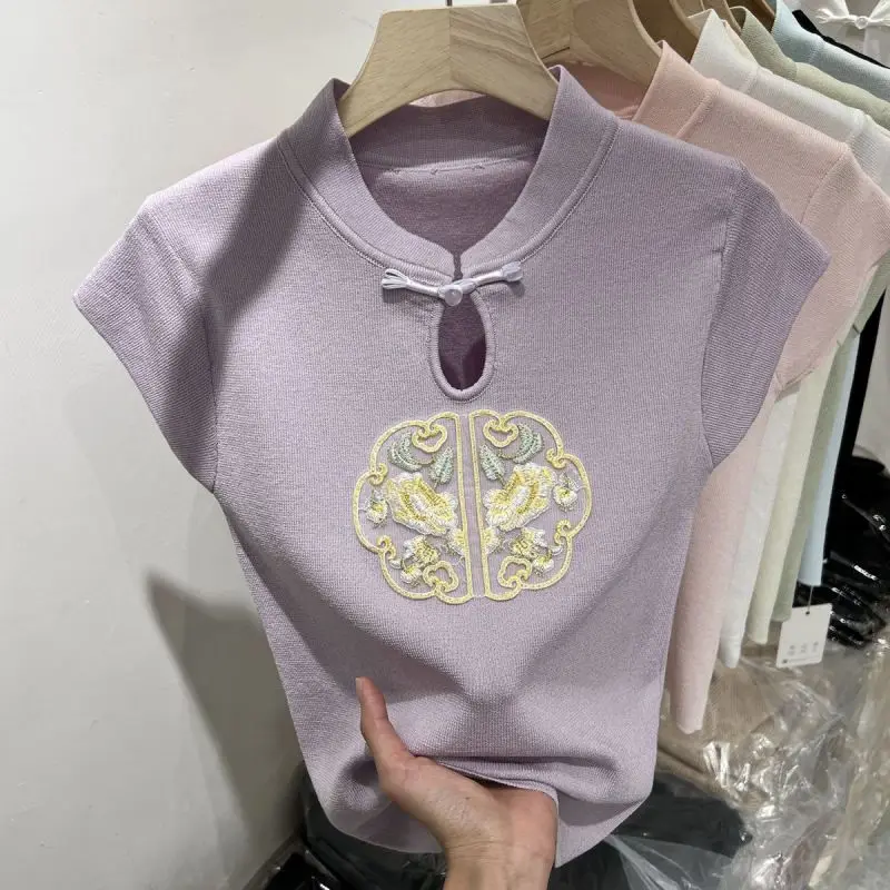 Chinese Style Summer New Women\'s Ice Shreds Short Sleeve Stand Collar Pan Button Hollow Out Elegant Loose Embroidery T-shirt Top