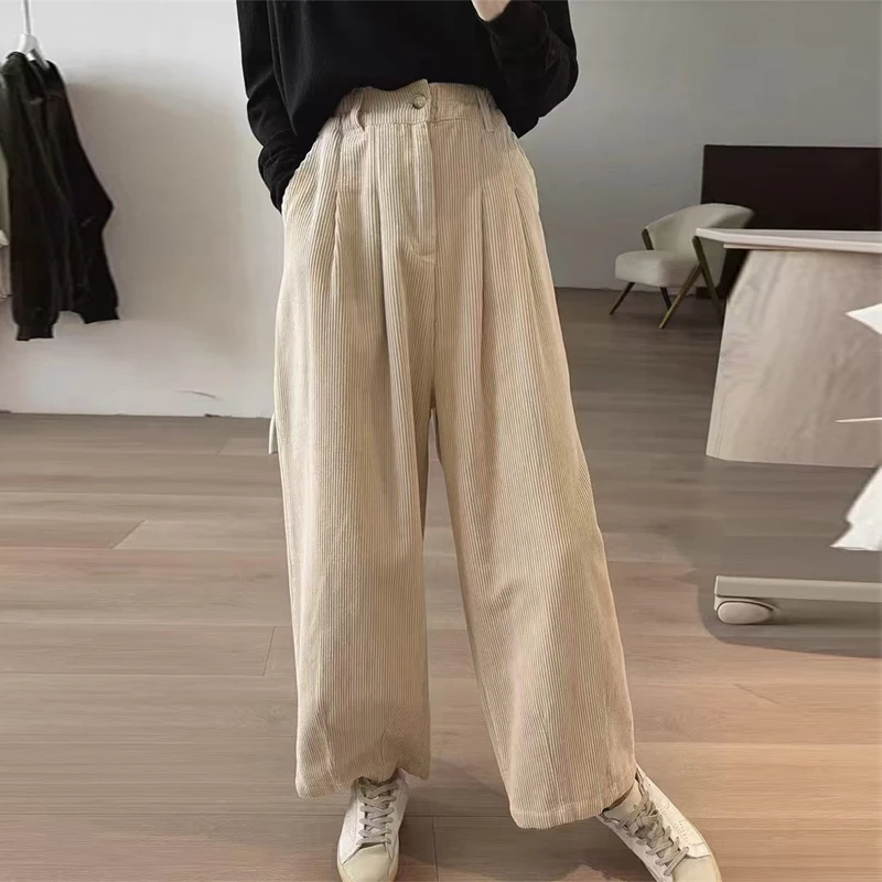 Johnature Simple Women Spring Autumn New Loose Corduroy Trousers 2024 Casual Wide-leg High-waisted Straight elastic waist Pants