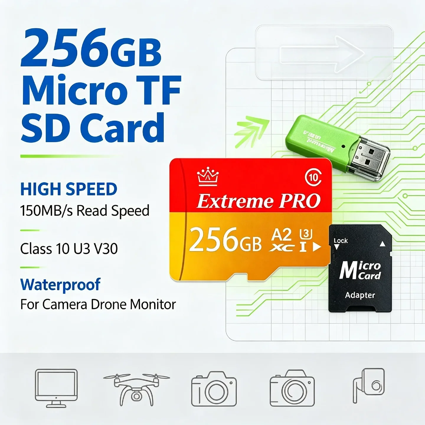256GB Micro TF SD Card Class 10 U3 V30 High Speed Waterproof USB Adapter for Smartphone Laptop Camera Pro Max Speed