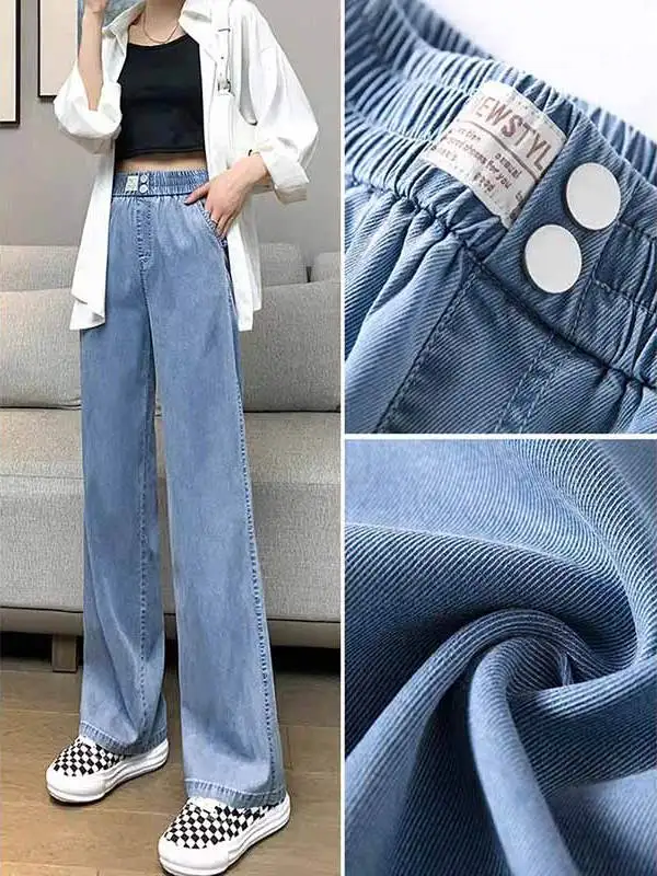 Damskie jeansy z wysokim stanem i szerokimi nogawkami, letnie, cienkie, z jedwabiu lodowego, luźny krój, długie spodnie, zwiewne spodnie z szerokimi nogawkami, wygodne, codzienne jeansy.