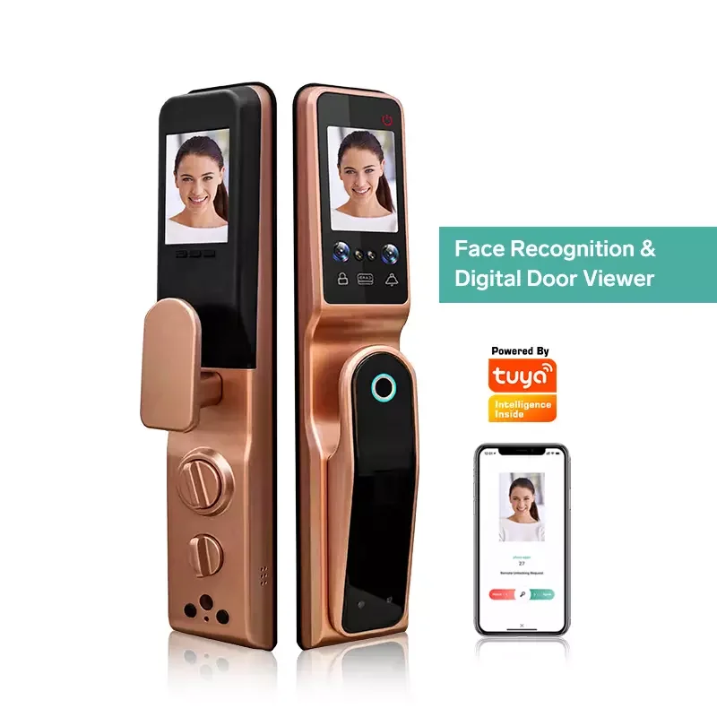 

Tuya Smart WiFi Automatic Face recognition fingerprint door lock with Cats Eye Camera Password door Lock