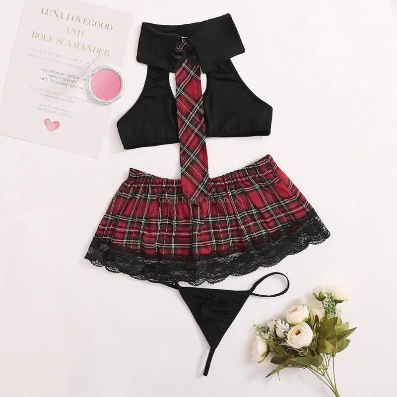 

Женское эротическое нижнее белье для школьниц, сексуальная униформа, топ с лямкой на шее, клетчатая мини-юбка, трусы