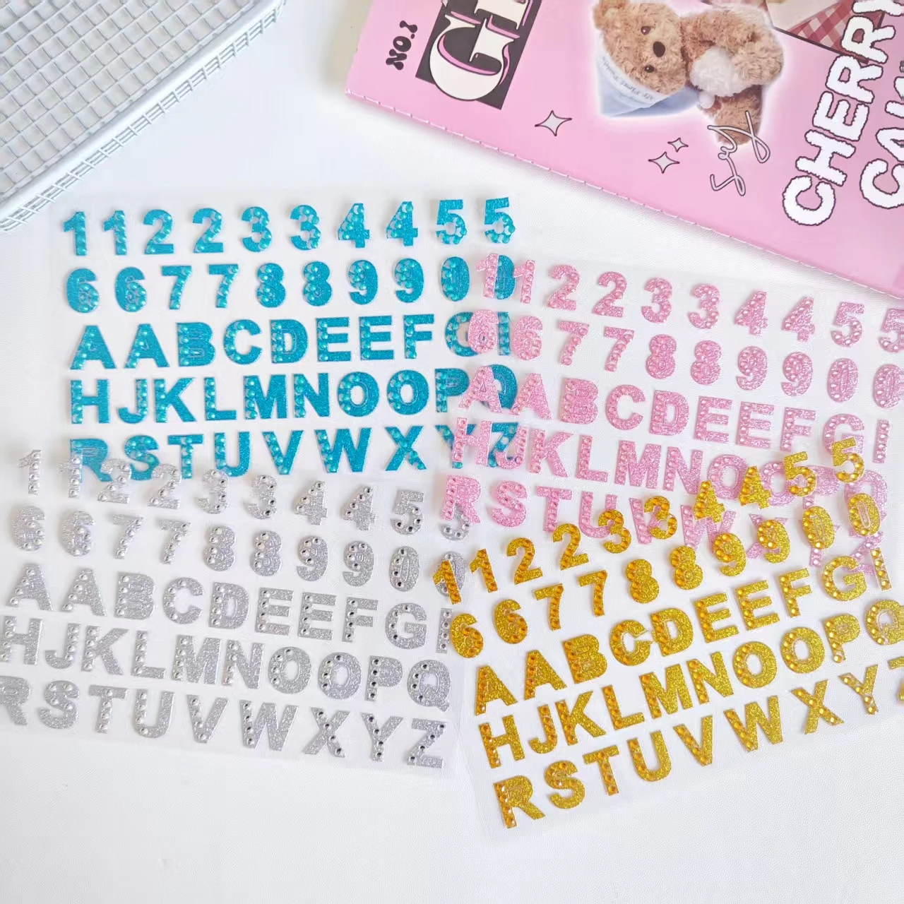 4 Sheets of Glitter English Alphabet and Number 3D Diamond Stickers, Children's Stationery Stickers for Handmade Decoration and Scrapbooking