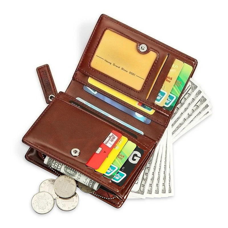 Schlanke Herren-Geldbörse mit RFID-Schutz aus PU-Leder, Minimalistisches Design, Schwarz, mit Bargeldfach und Reißverschluss-Münzfach, Reisezubehör – Detail 2