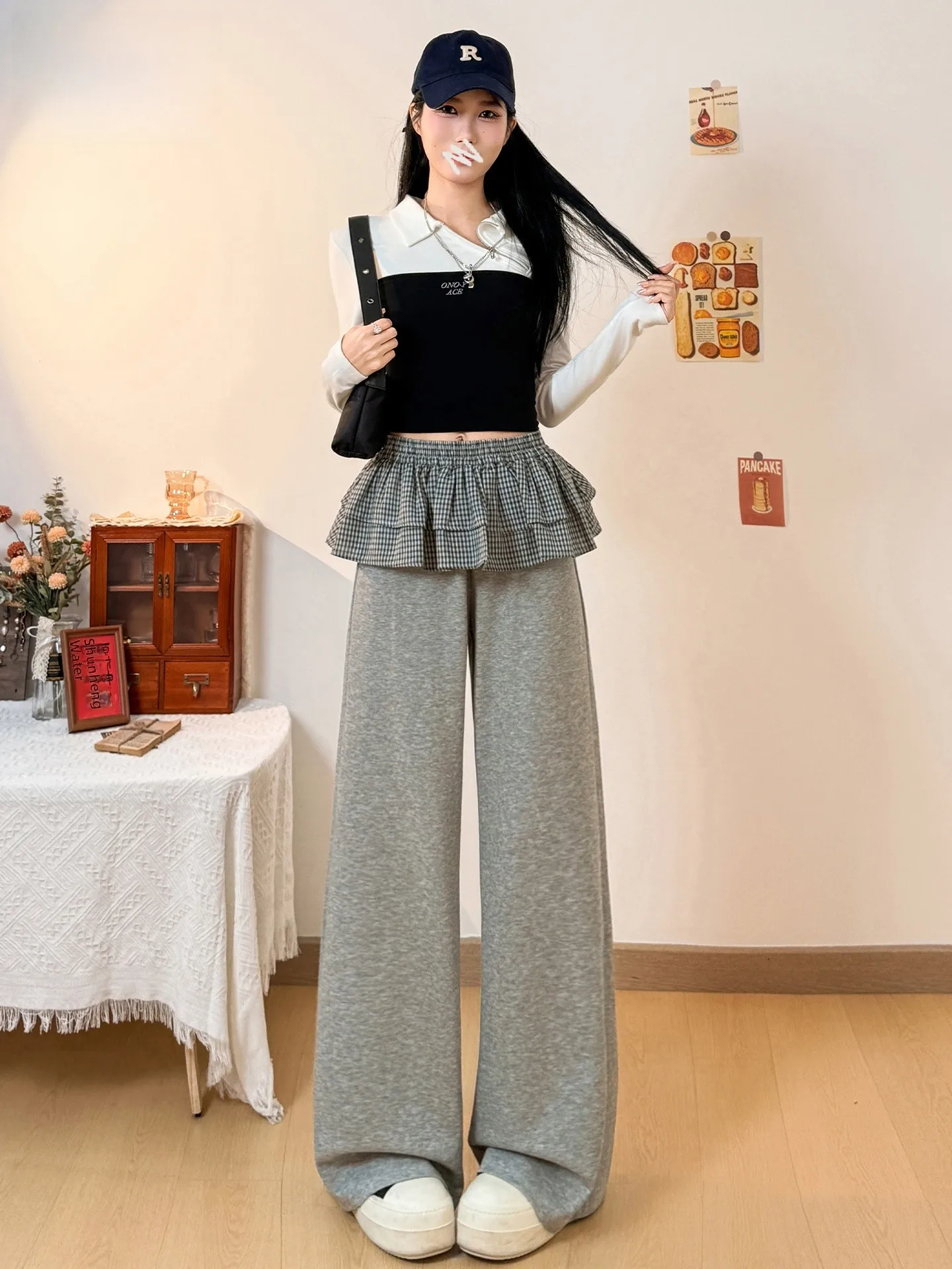 

High Waist Plaid Patchwork Loose Women's Casual Pants Spring 2026 Wide Leg Pants Drapey Bell Bottoms Slimming Effect