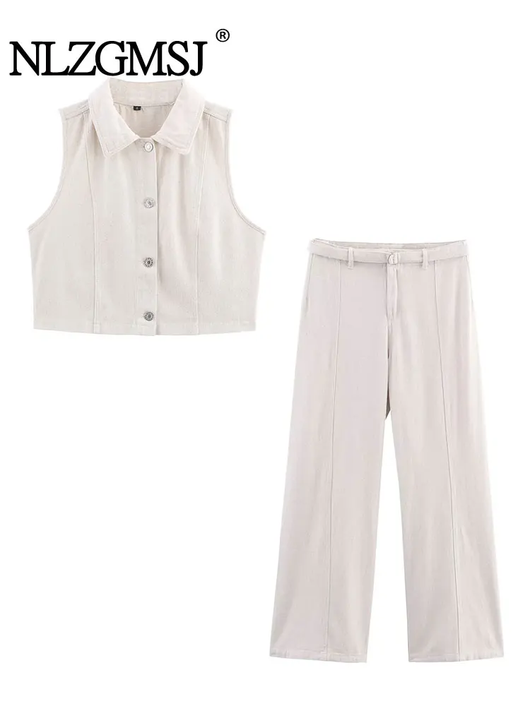 

NLZGMSJ 2025 летний винтажный шикарный женский джинсовый костюм, однобортный топ без рукавов, прямые длинные свободные брюки, модные комплекты