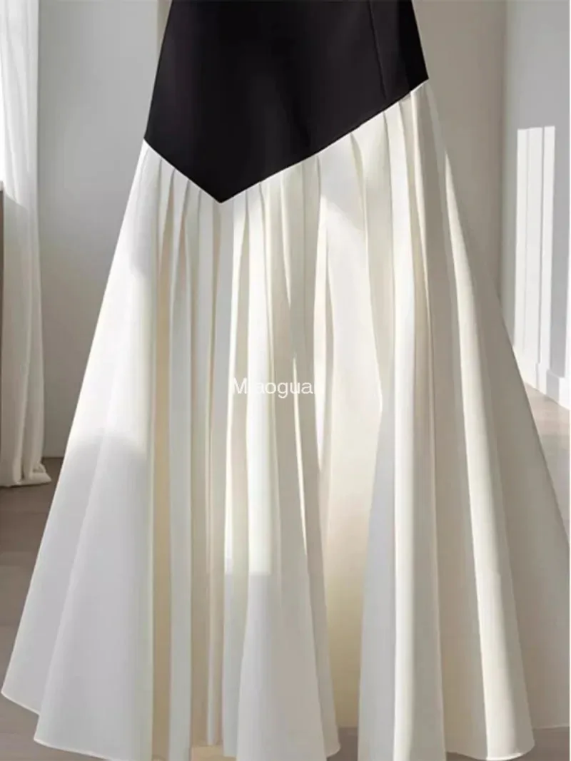 Temperament Contrasting Color Slim Fit A-line Umbrella Skirt Mujer Vintage Long Pleated Skirts New Spring Autumn Fashion Woman‘s