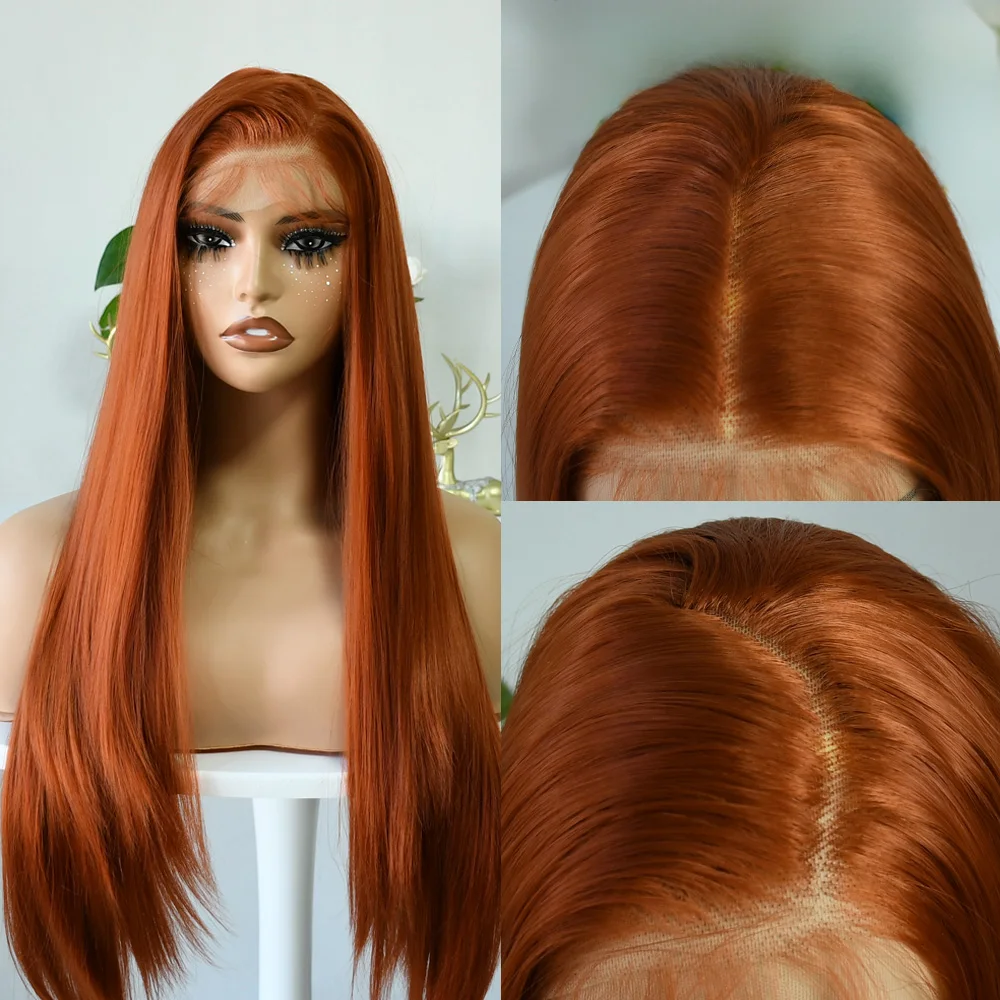 

Long Hair Wigs 30Inch Ginger Orange Wig 13x4 HD Transparent Bone Straight Lace Front Wigs 220 Density Wigs Synthetic peluca