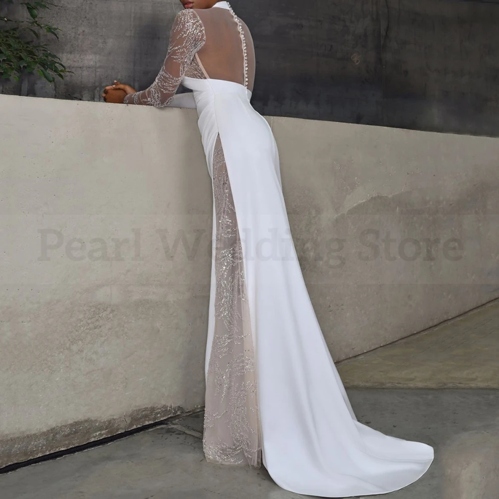 Chic High Neck Sheath Wedding Dress Long Sleeves with Lace Sexy Illusion Back Bridal Floor Length Buttons Marriage Gowns Custom