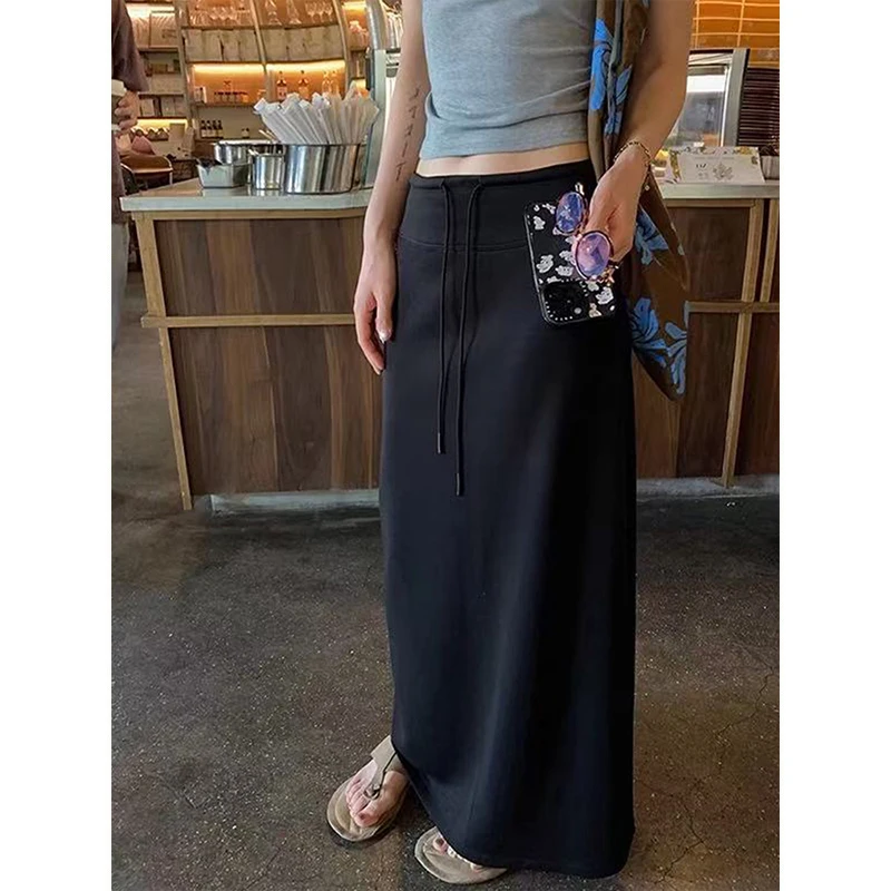 MosesQueen Black Drawstring Casual Women's  Skirt mid Waist Polyester Viscose Spandex Straight Cut Summer New Style