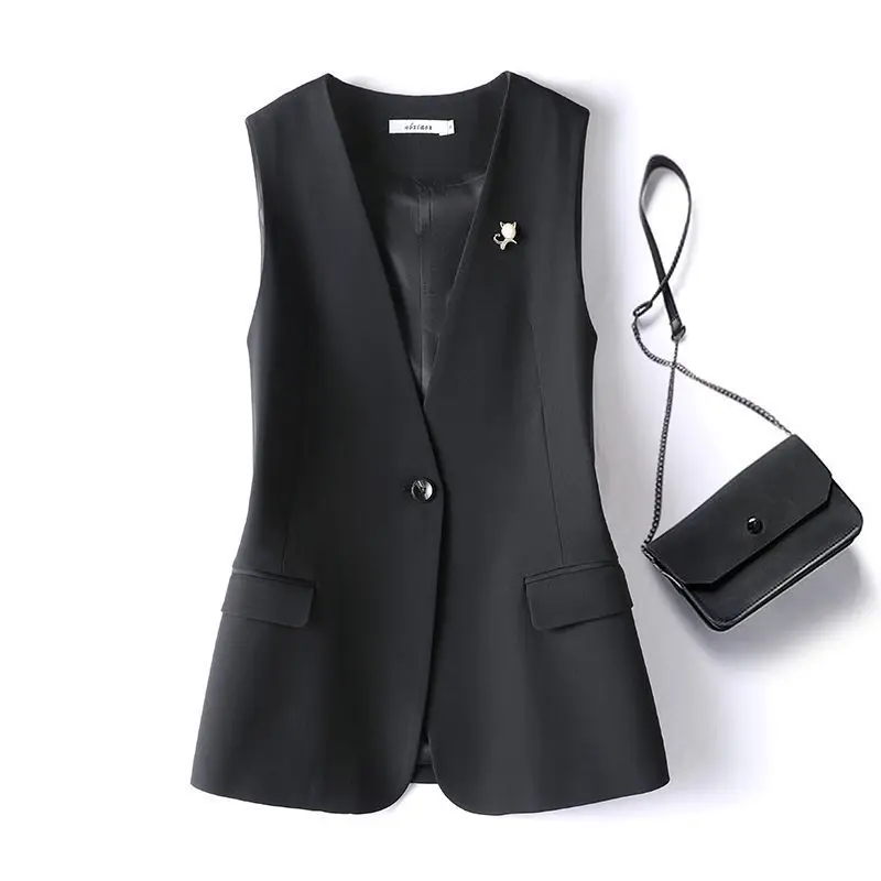 

V-neck Tailored Coat 2025 Spring Autumn New Office Lady Buttons Sleeveless Tank Top Ladies All-match Pocket Mid Length Top Coat