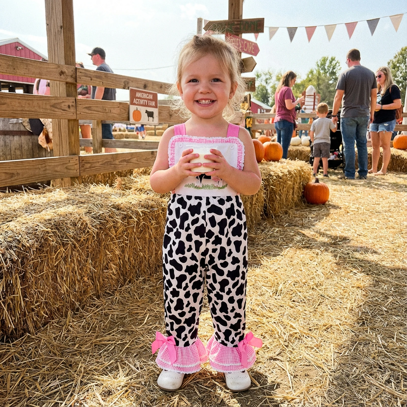 

Kids Girls Overalls Cute Embroidery Cow Patchwork Flare Pants Clothes for Casual Daily