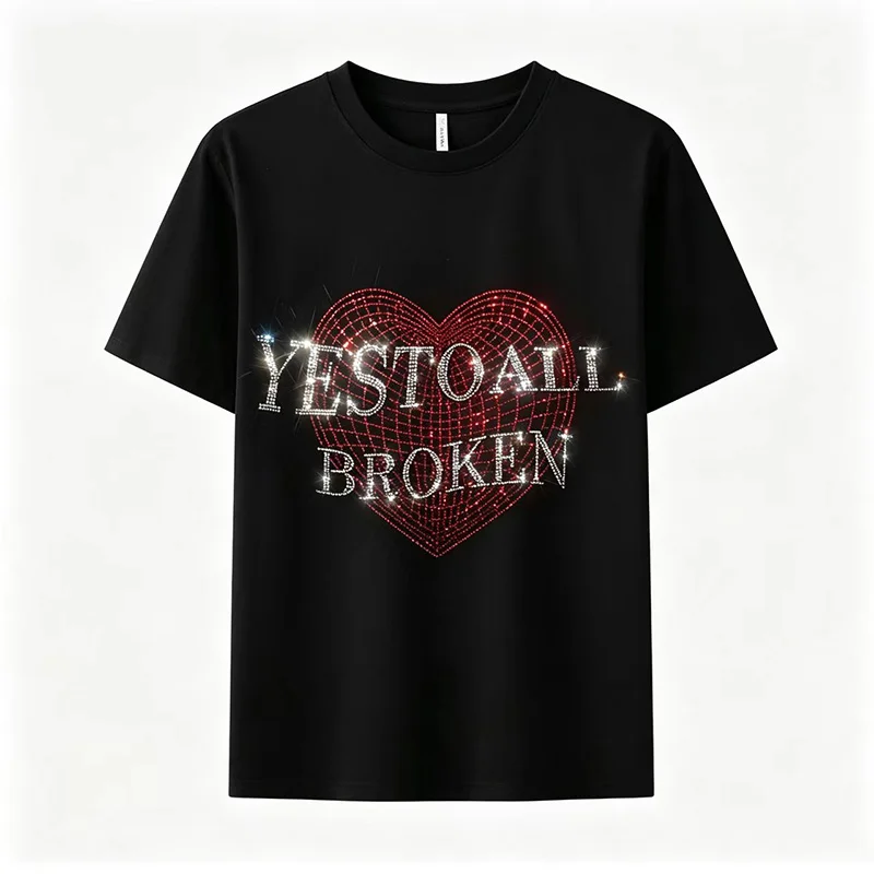 Women's summer short-sleeve fashionable T-shirt with printed, rhinestone, heart-shaped crystals and sequins