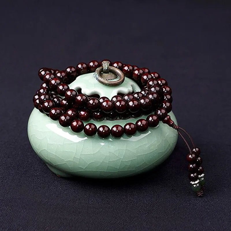 Traditional Chinese Style Lucky Blessing 108 Mala Beads Natural Small Leaf Red Sandalwood Bracelet Unisex High Density Golden