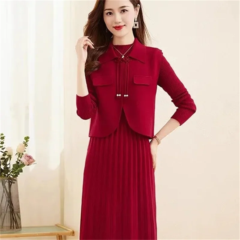 Autumn Winter Ladies Knitting Two Piece Set Maxi Dress Advanced Female Vest Long Dresses Korean Women Large Size 4XL Vestidos