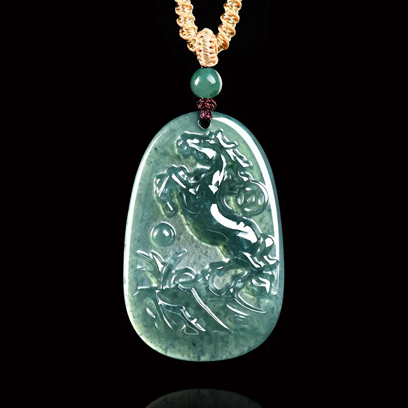 

New Natural Burmese Emerald Jade Blue Water Horse Pendant Jadeite Amulets Fashion Jewelry Charm Gifts for Men Women Amulet