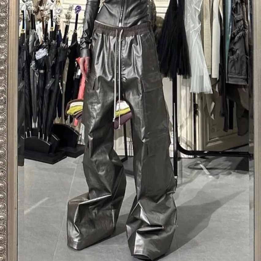 High Street Vintage Matte Coated Cargos  for Men and Women Wide Leg Drawstring Baggy Leather Pants Oversized Cleanfit Trousers