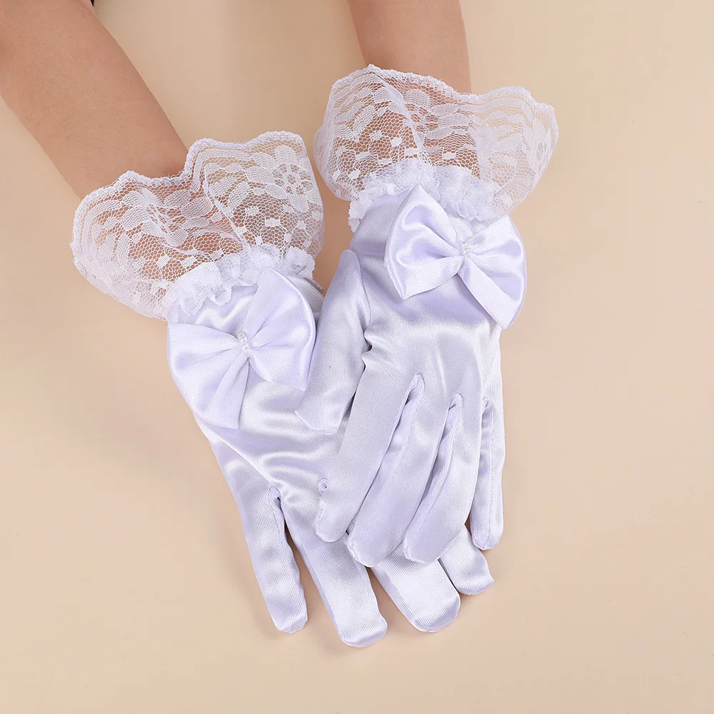 Kids Gloves White Bow Satin Lace Trim Wedding Flower Girl Student Performance Dress Soft Lightweight Child Size Party Show New