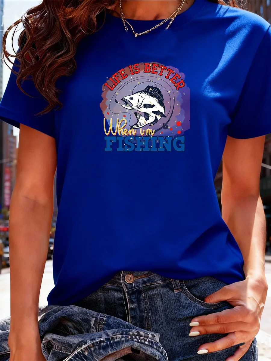 تي شيرت أسود قصير الأكمام مع "الحياة أفضل عندما أصطنا الصيد" برسومات باس فيش #6