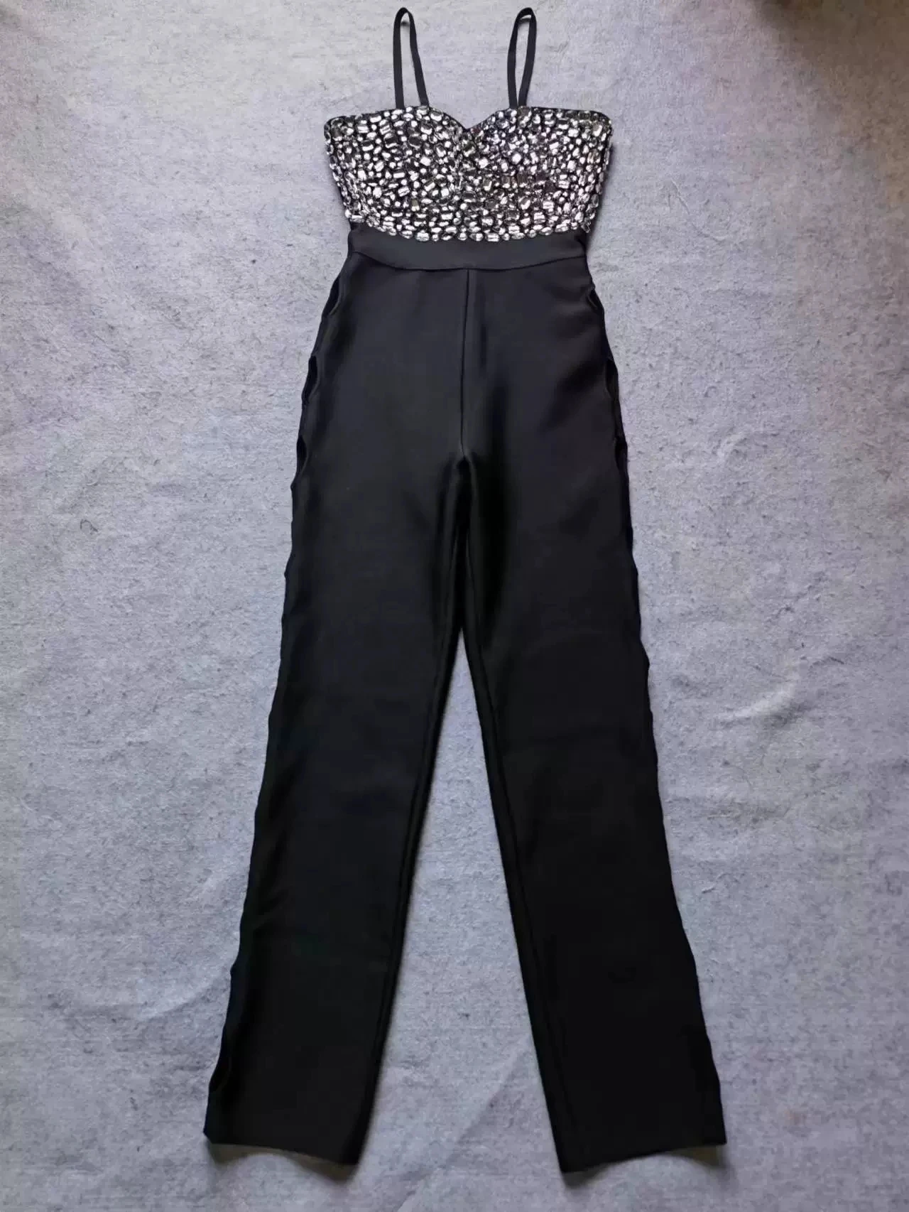 High-End-Marke Damen schwarzer Nagel Diamant sexy Mode ärmellose Hosenträger hohler schlanker Damenoverall-GZXX1216