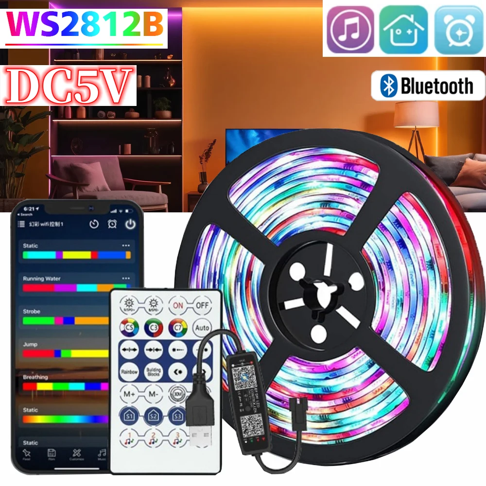 

DC 5 В Bluetooth светодиодная лента с дистанционным управлением через приложение RGB WS2812B 5050 Гибкая лампа ПК ТВ Гостиная Атмосфера Свет Украшение комнаты