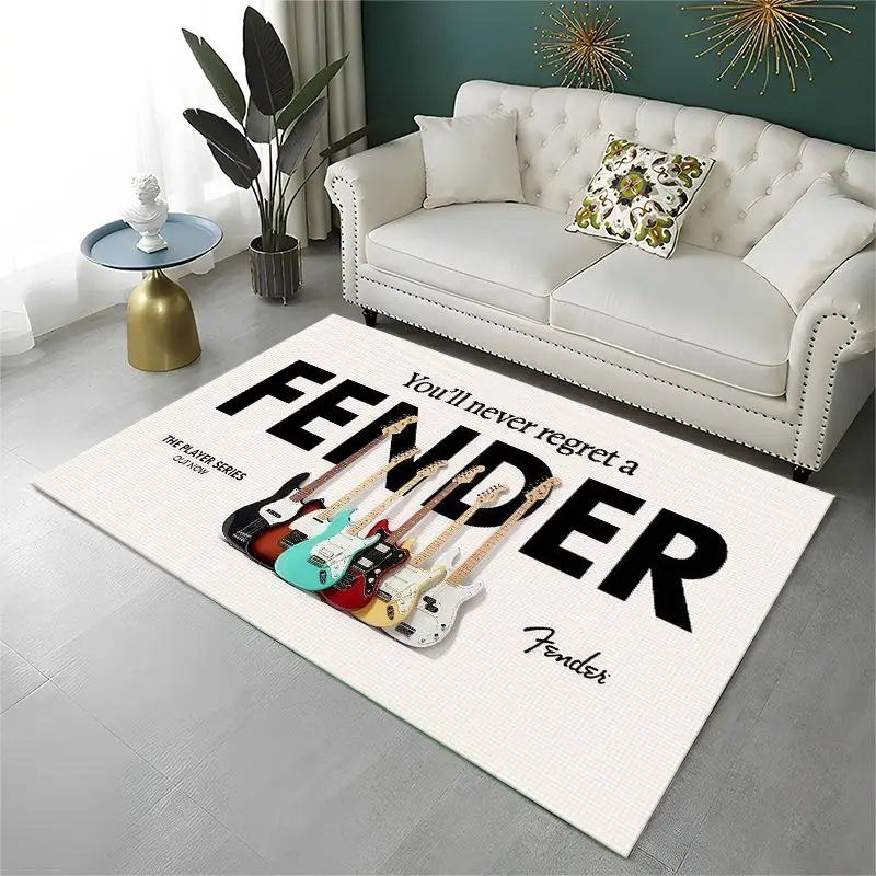 Retro Fender Logo Guitar Instruments Music Carpet Rug for Playroom Bedroom Living Room Sofa Home Decor, Area Rug Non-slip
