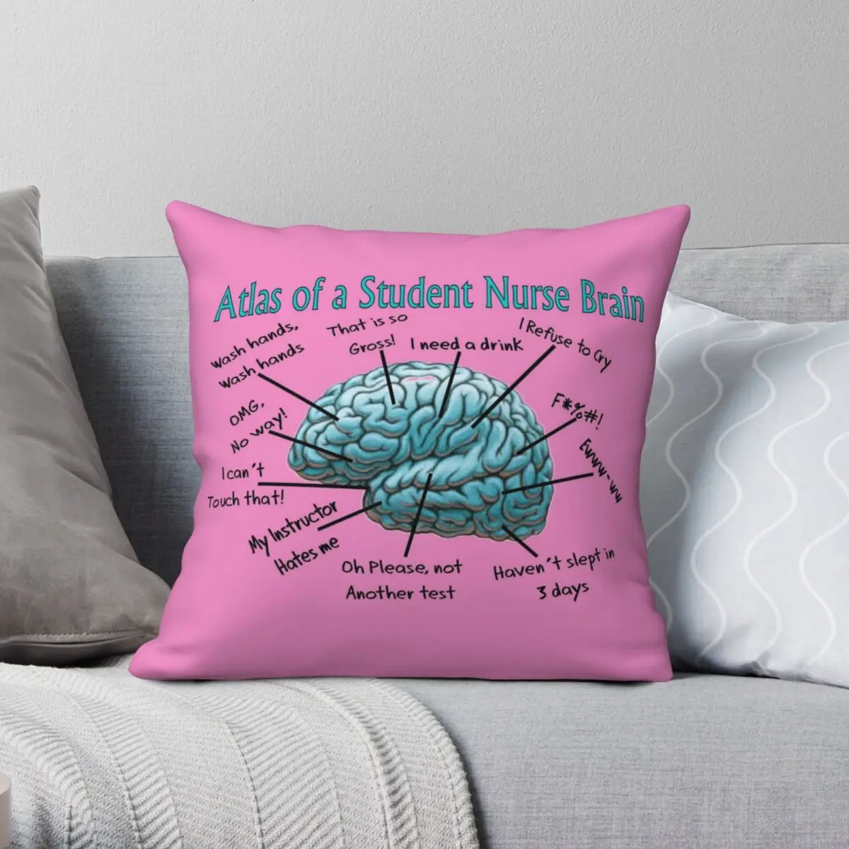 Nursing Student Humor Brain Square Pillowcase Polyester Linen Velvet Pattern Zip Decorative Sofa Cushion Case