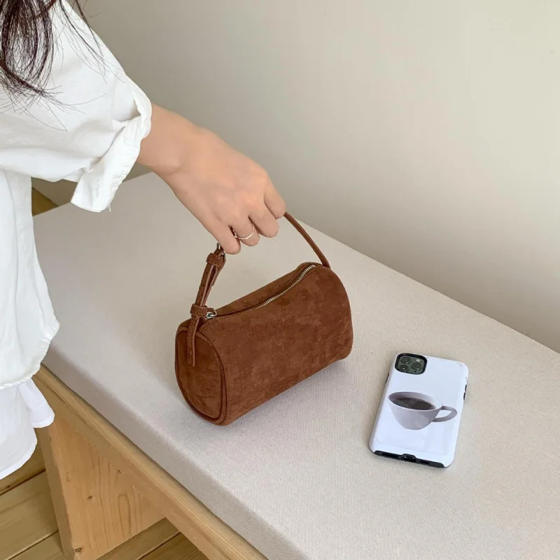 

Mini Suede Retro Bag Versatile Small Handbag Zipper Suede Cylinder Bag One-Shoulder Cross-Body Bag